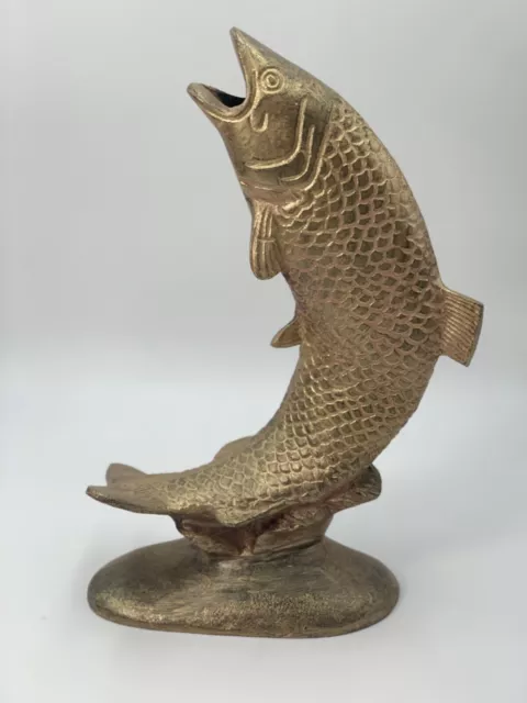 Vintage Solid Brass Fish Figure 16” Tall open mouth garden outside decor