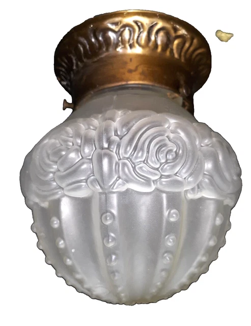 ONE PRESSED BRASS ROSE Frosted PATTERN CEILING LIGHT FIXTURE w/SHADE NICE D52