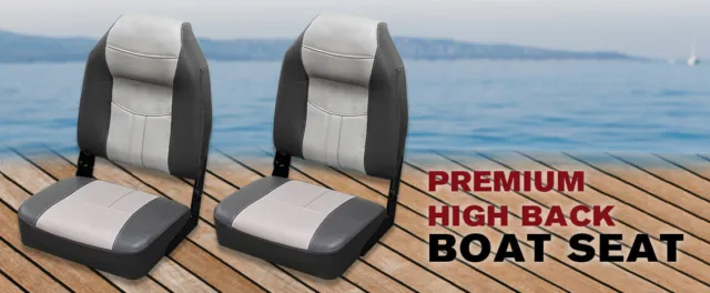 2 Premium High Back Folding Boat Seat, Marine Seating All Weather Charcoal/Grey 3