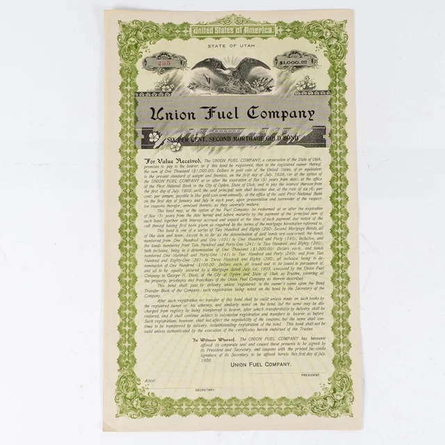 1908 Union Fuel Company Utah $1000 Gold Bond Certificate Coupons Attached