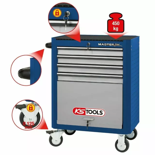 KS TOOLS MASTERline Werkstattwagen mit 4 Schubladen und Schrank Blau/Silber