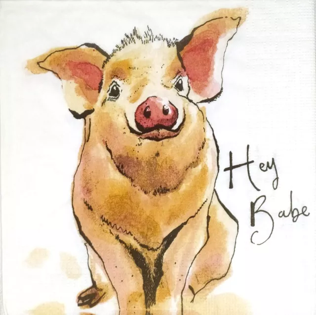 Q574# 3 x Single Paper Napkins For Decoupage Pig Painting On White With Script