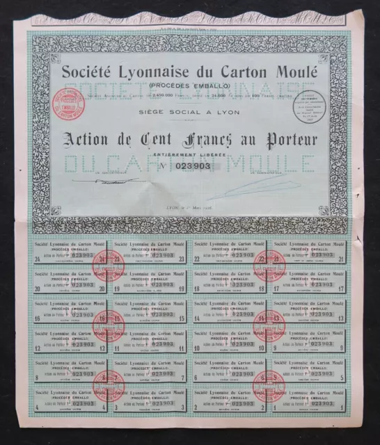 Action 1927 SOCIETE LYONNAISE DU CARTON MOULE  titre bond share 5