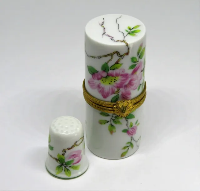 Limoges France Box~ Haviland ~ 2 Piece Floral Sewing Set ~ Thimble & Needle Etui 2