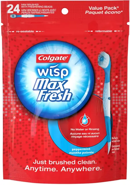 Colgate Max Fresh Wisp Disposable Mini Toothbrush, Peppermint - 24 count (3 pack