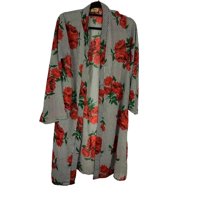 Woman's Red Striped Floral Kimono Size Large By Jorja #226