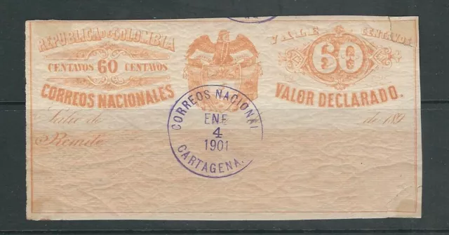 Colombia 1901 Valor Declarado Briefmarke Gummi Auf Rückwärtsgang 60c Fehler