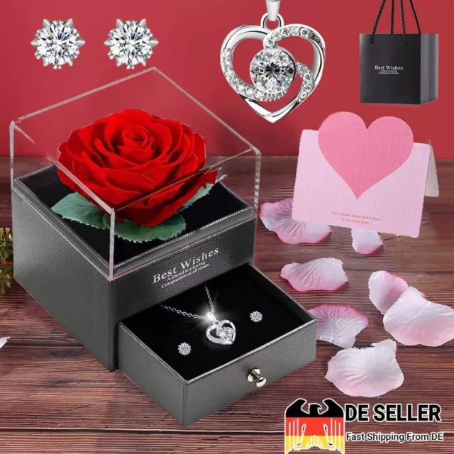 Ewige Echte Rose Mit Herz Halskette Und Ohrringe Aus 925-Sterlingsilber Geschenk