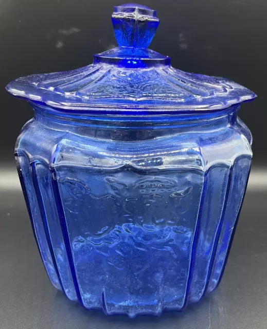 Cobalt Blue Glass Biscuit Cookie Jar Mayfair Open Rose Depression Glass Style
