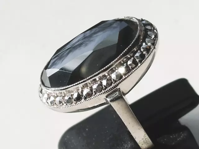 BELLE BAGUE ANCIENNE 1950 en ARGENT Rhodié avec HEMATITE et MARCASSITE / T.53