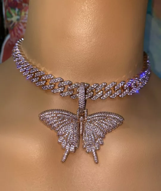 pink Butterfly cuban choker chain necklace ,