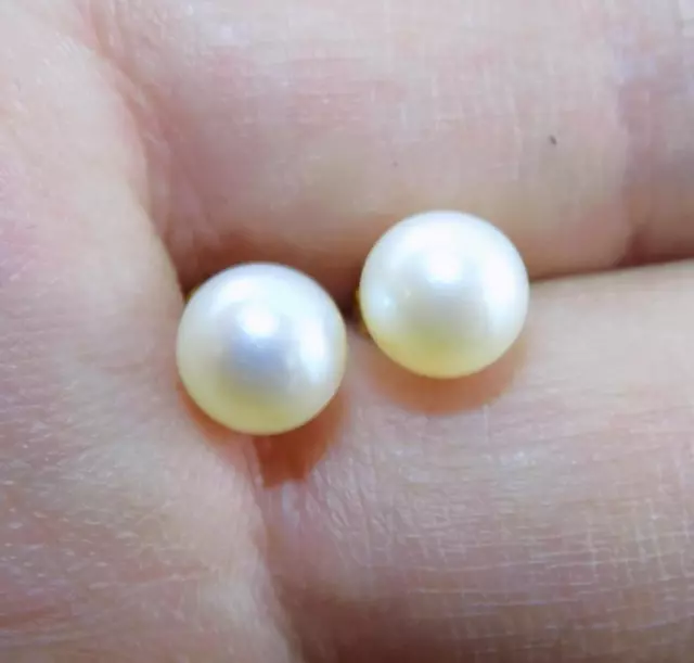 Elegant !!! 14K Solid Yellow Gold 7.5 mm Japanese Salt-Water Pearl Stud Earrings