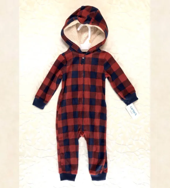 Carter’s Baby Boy Hooded Jumpsuit 12 Months Red Blue Buffalo Plaid Fleece NWT