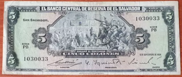 El Salvador Very Scarce Date 6 Sep 1964 5 Colones Serie Pb #1030033