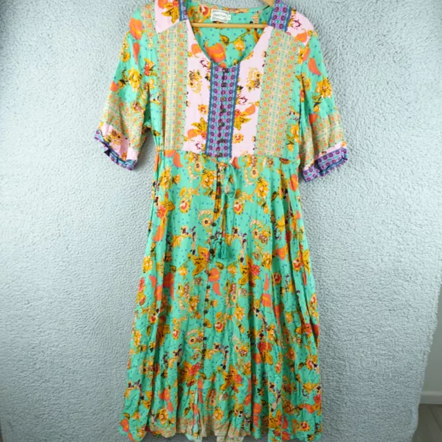 Sanctum Womens Dress Medium Green Midi Long Short Sleeve Boho Floral Peasant