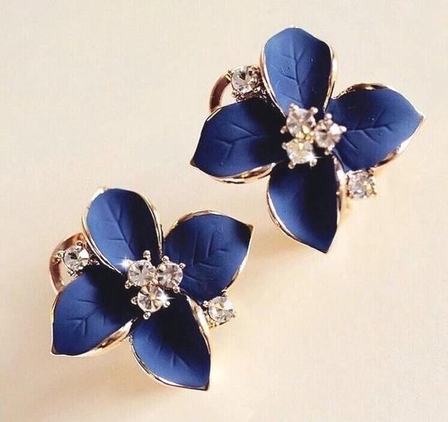 Betsey Johnson Gold Navy Cobalt Blue 4 Petal Flower Post Earrings 5/8" Vintage