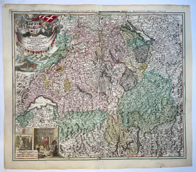 Switzerland J-B Homann 1732 Large Antique Copper Engraved Map 18Th Century