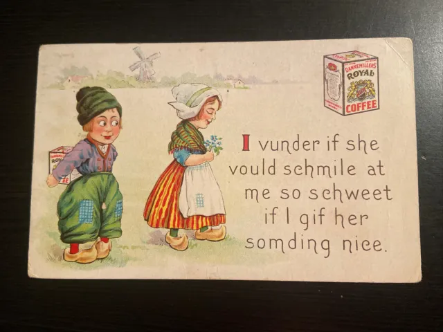 1914 ADVERTISING  Postcard--Dannemillers Royal Coffee--Dutch Boy & Girl Windmill