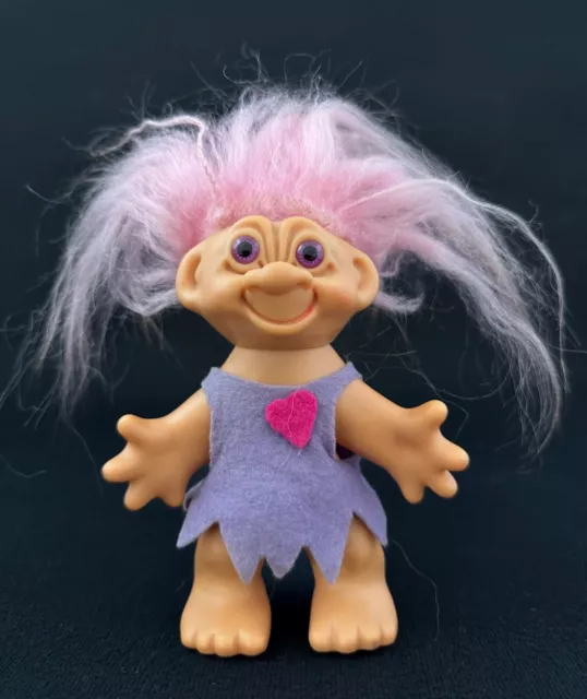 Vintage Dam Era Troll Doll Pink Hair w/Black Tips Purple Spiral Eyes 1960's 6"