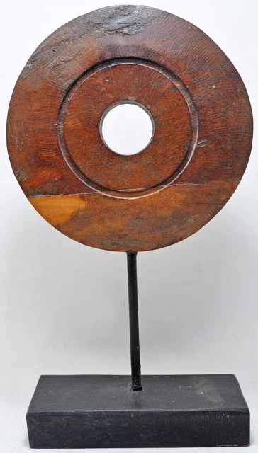 Antique Salvage Wooden Round Disc on Stand Original Old Hand Crafted