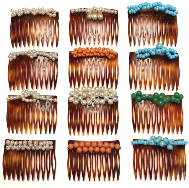 Vintage Women's Hair Side Comb Tortoiseshell Brown Beaded Accent Made in France