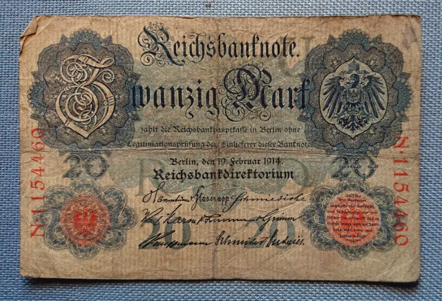 Old German Banknote Twenty Mark Berlin 19. February 1914