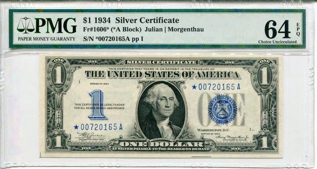 1934 $1 Silver Certificate PMG 64EPQ *Star* Serial #*00720165A