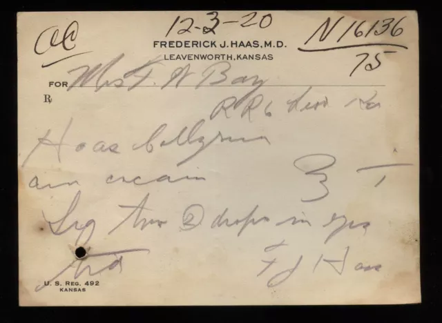 FREDERICK J HAAS MD Leavenworth Kansas Handwritten COCAINE Prescription 1920 #4