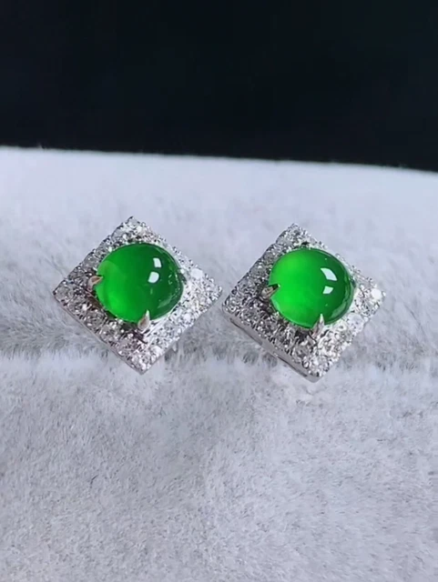 18K White Gold Fine Jade Diamonds Emerald Icy Sun Green Jadeite Earrings 0608