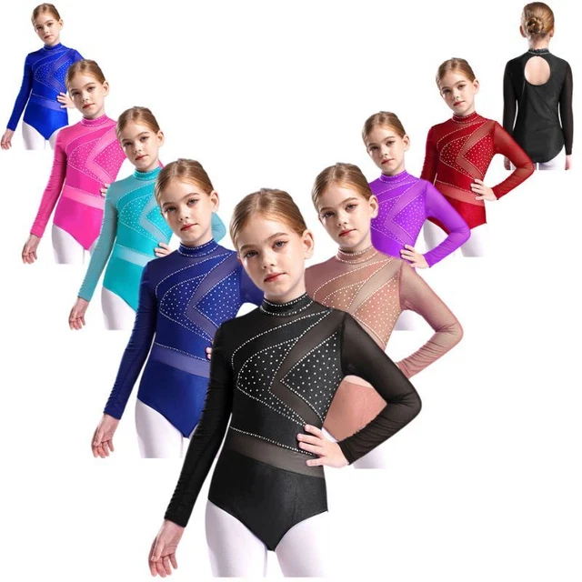 Yruioon Mädchen Turnanzug Glitzer Langarm Gymnastikanzug Strass Glänzend Eiskunstlauf Body Overall Sportbody Wettbewerb Tanzkostüm A Königsblau 110-116