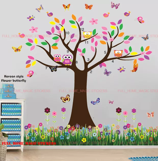 Owl Butterfly Tree Flower Wall Stickers Decal Nursery Kids Decor Mural Art Paper