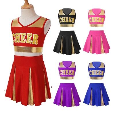 Ragazze PATCHWORK delle Cheerleader Danza School Uniform Crop Top + gonna Outfit