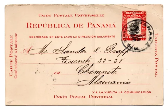 Ganzsache Republik Panama 1910 nach Chemnitz Sachsen gelaufen