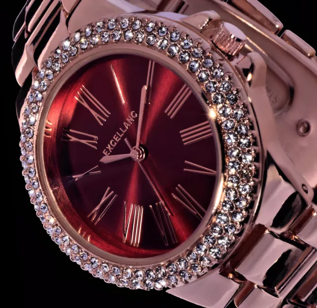 Excellanc Damen Armband Uhr Bordeaux Rot Rose Gold Farben Metall Strass