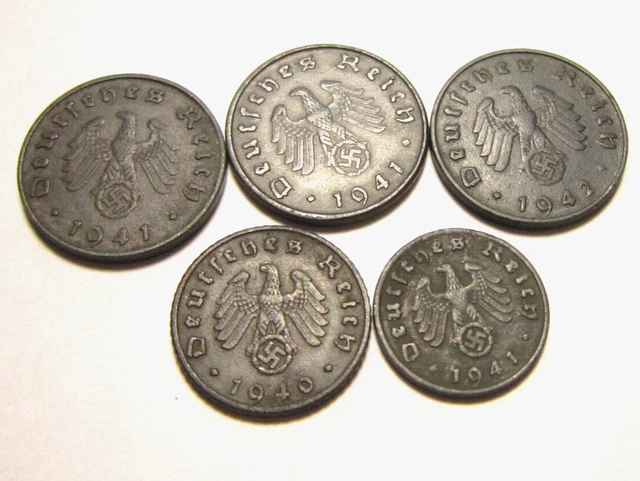 5  WORLD WAR II Era NAZI GERMANY 1941 to 1945 Circulated and Ungraded Zinc Coins