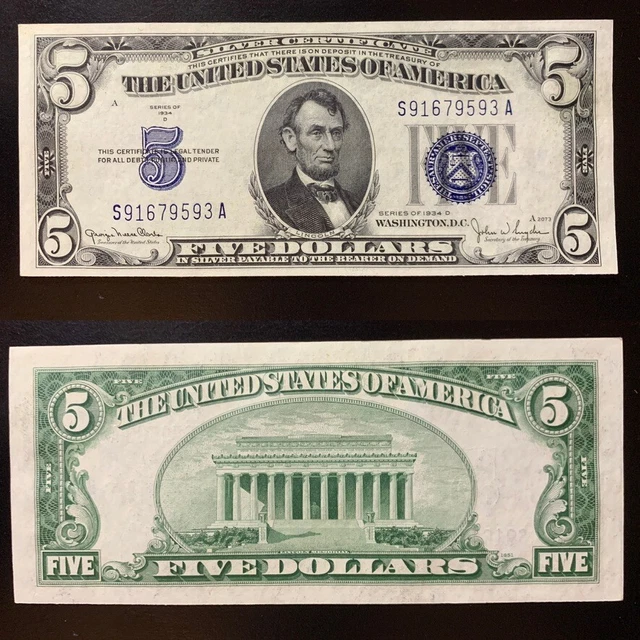 $5 1934D Sc S91679593A Blue Seal Circulated Silver Certificate