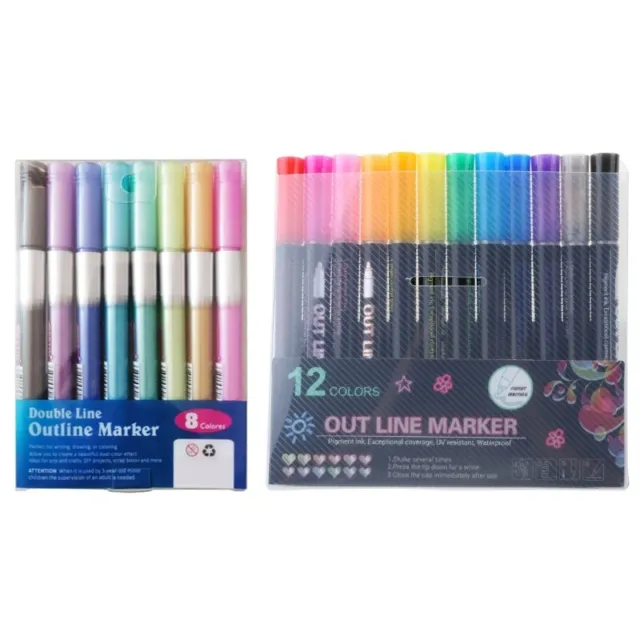 8/12/20x Double Line Self-outline Marker Pen Glitter Gel Sparkle Shimmer  Art