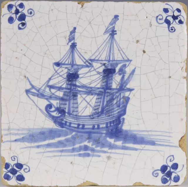 Nice Dutch Delft Blue tile, V.O.C. ship, 17th. century.