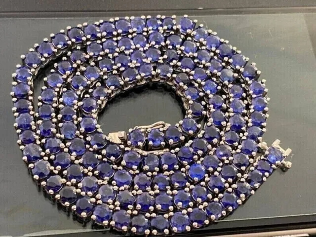 25CT Round Cut Lab Created Blue Sapphire Tennis Necklace 14k Yellow Gold Plated