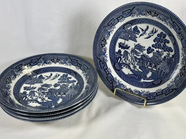 Vintage Set Of 5 Churchill England Blue Willow Rimmed Soup Bowls 7 3/4”