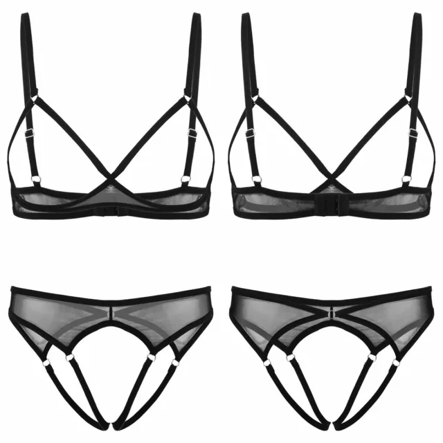 Damen Dessous Büstenhalter Set Mesh busenfreier BH mit Ouvert-Slip String Sexy