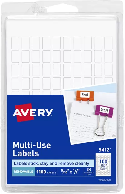 Removable Rectangular Labels, 0.31 X 0.5 Inches, White, Pack of 1100 (5412)