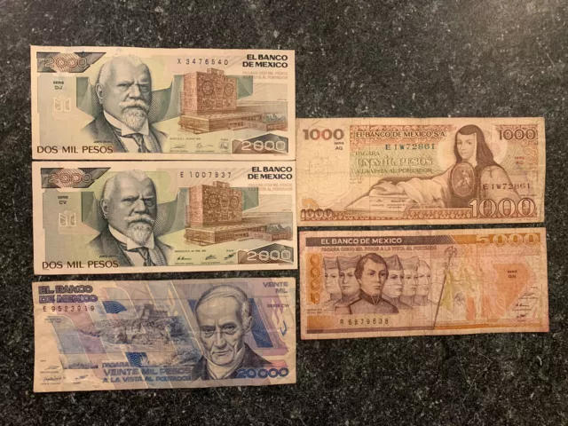 Mexican Peso Notes, Circulated.  (1) 20,000, (2) 2,000, (1) 5,000, (2) 1,000