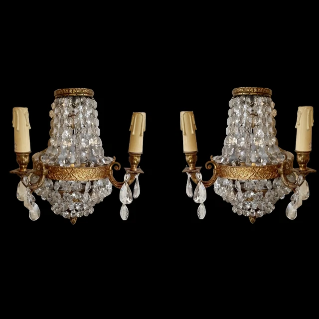 Pareja de apliques antiguos estilo imperio francés de bronce y cristal.AA 1526