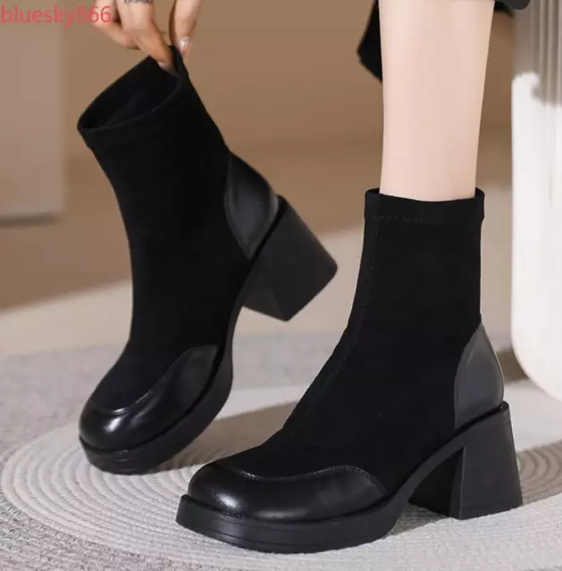 Women Black Retro Short Boots Block Heels Round Toe Platform Ankle Boots Shoes