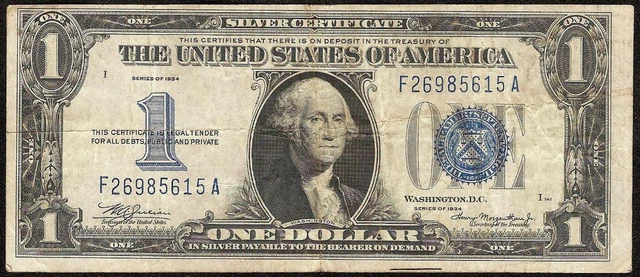 1934 $1 Dollar Bill Silver Certificate Funnyback Blue Seal Note Old Paper Money
