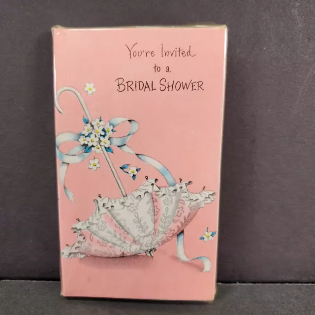 Vintage Paper Invitations Greetings Bridal Shower Pink Umbrella 12 Ct NOS SEALED