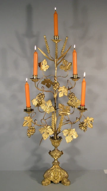 Ancien Grand Candélabre D' Autel Chandelier D'église Cinq Feux Laiton Et Bronze