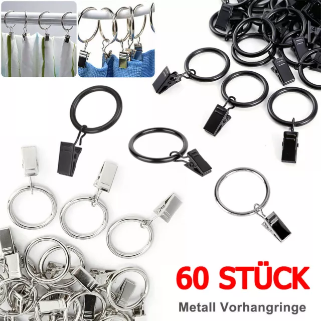 60x Metall Gardinenringe Gardinenhaken Ringe Vorhangringe mit Klammern Clips Set