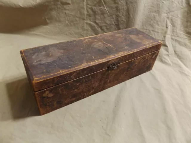 Antique Flemish Art Wood Glove Box w Merry Christmas Holiday Greeting Decorated